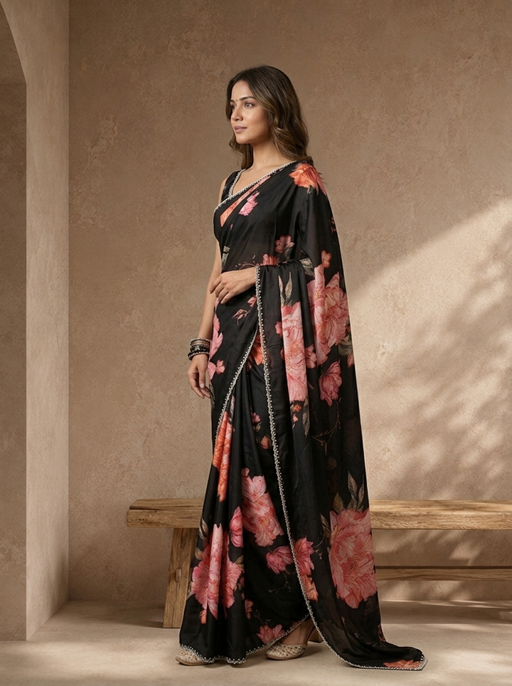 Black Satin Peony Floral Printed Saree