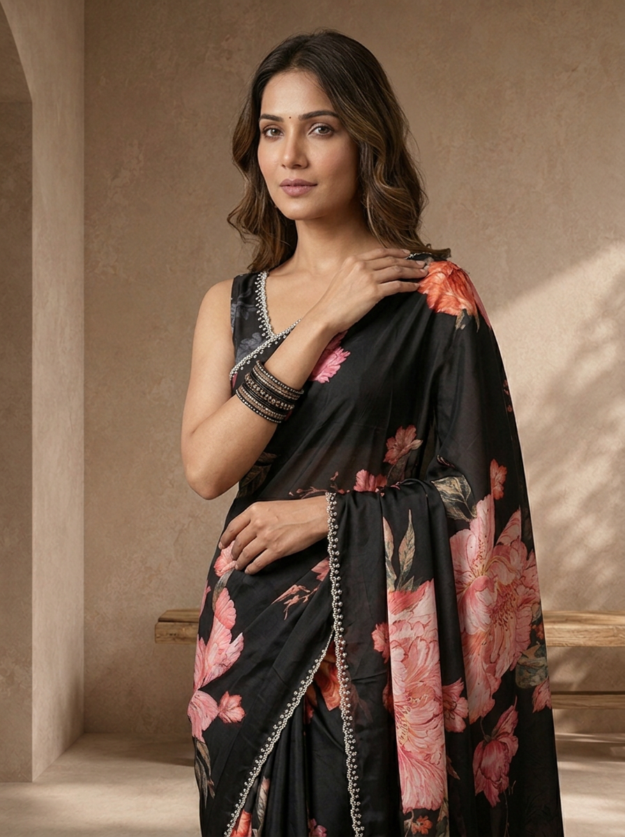 Black Satin Peony Floral Printed Saree
