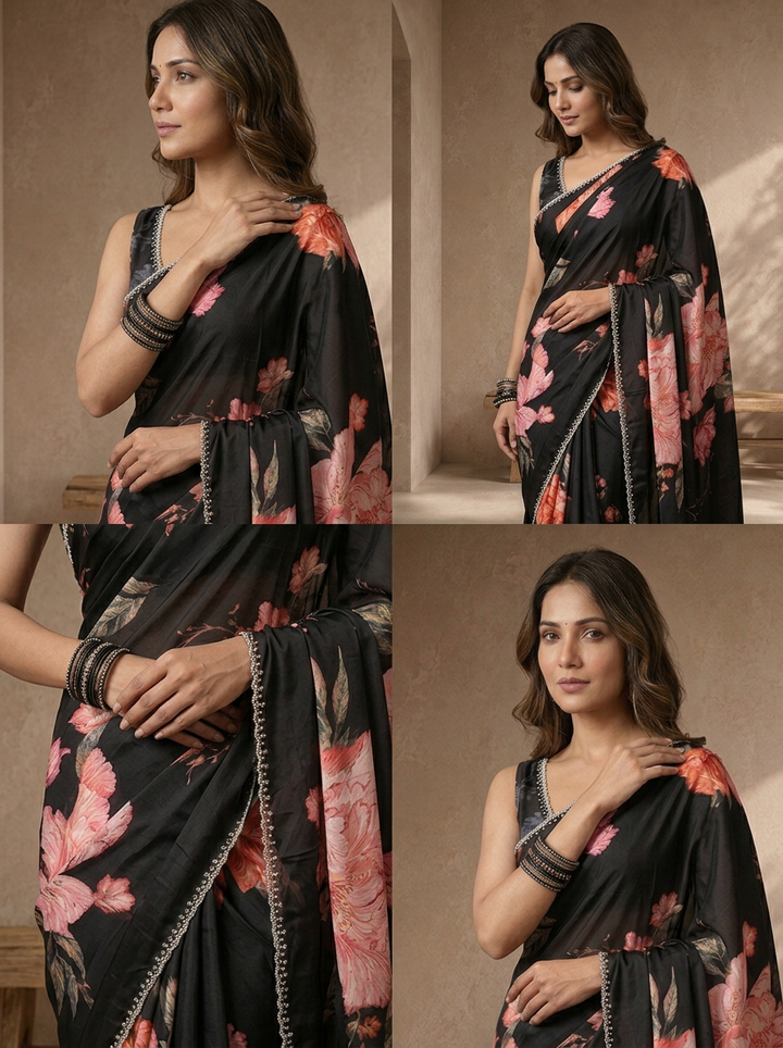 Black Satin Peony Floral Printed Saree