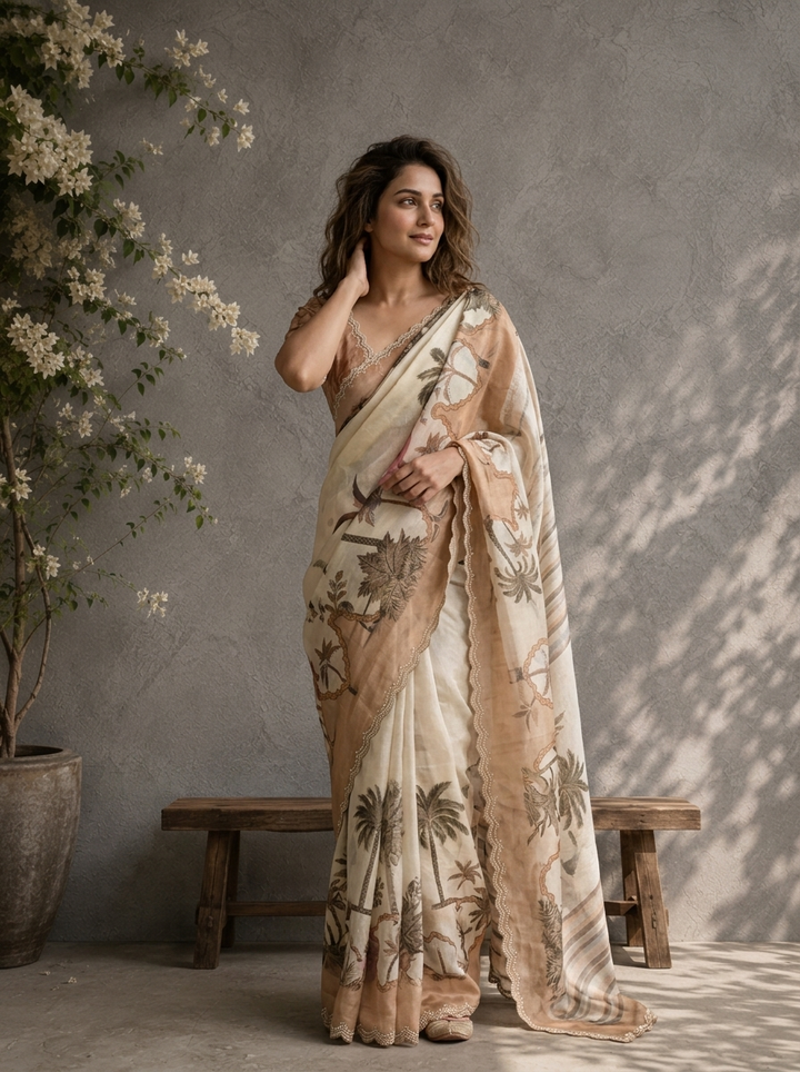 Beige Satin Tropical Pichwai Printed Saree