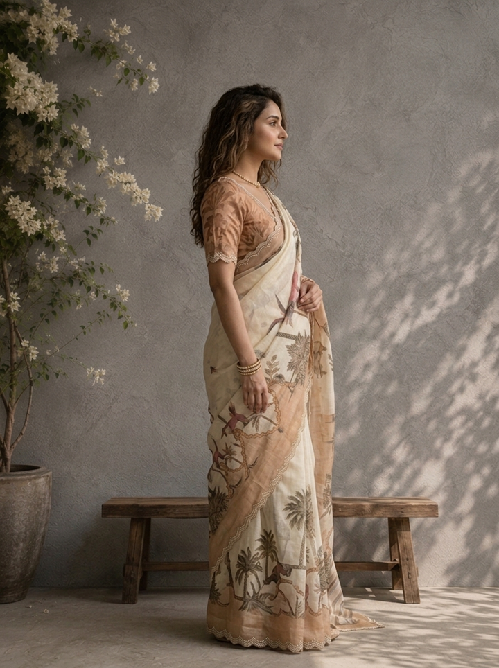 Beige Satin Tropical Pichwai Printed Saree