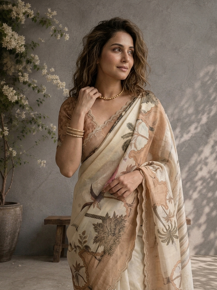 Beige Satin Tropical Pichwai Printed Saree