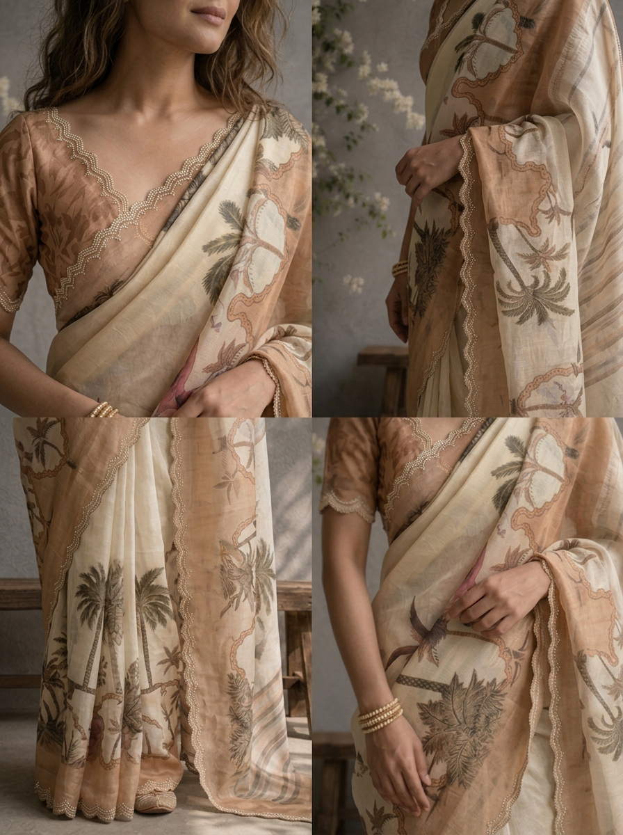 Beige Satin Tropical Pichwai Printed Saree