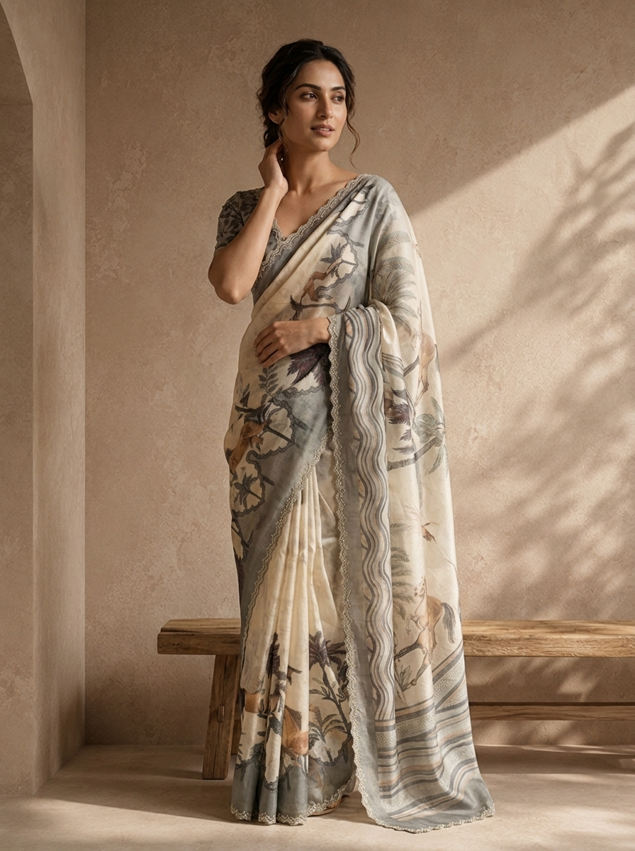 Grey Satin Tropical Pichwai Printed Saree
