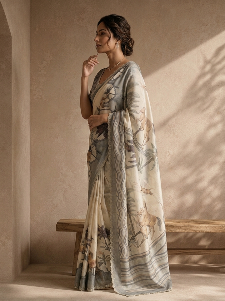 Grey Satin Tropical Pichwai Printed Saree
