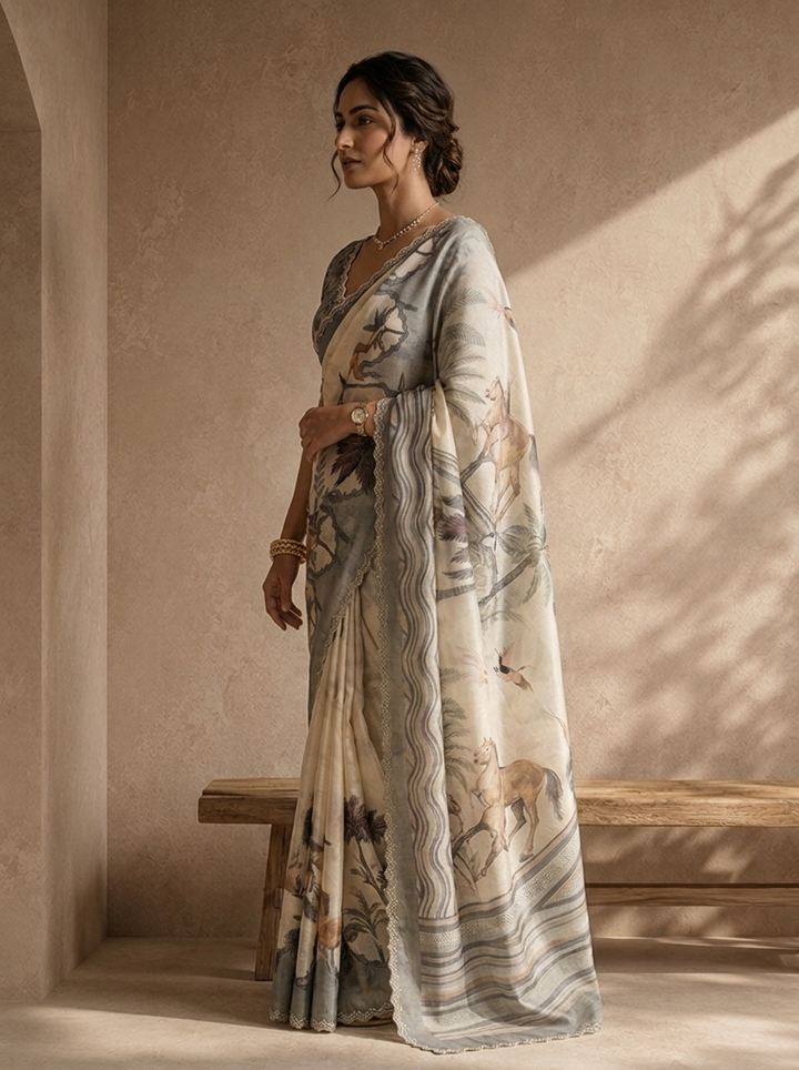 Grey Satin Tropical Pichwai Printed Saree