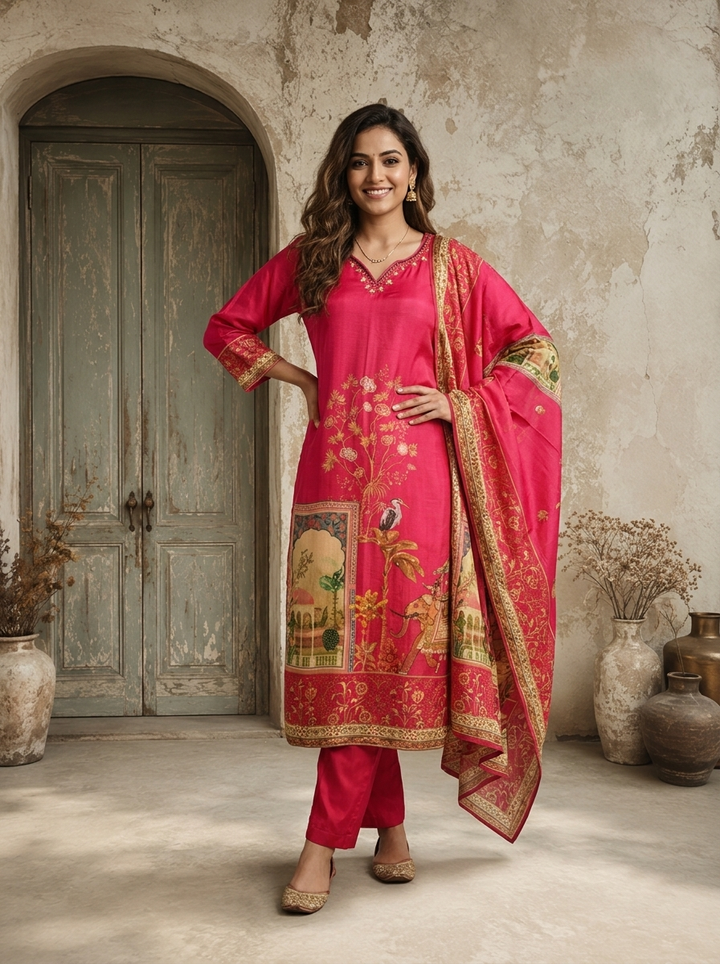 Magenta Silk Mughal Pichwai Printed Three Piece Set