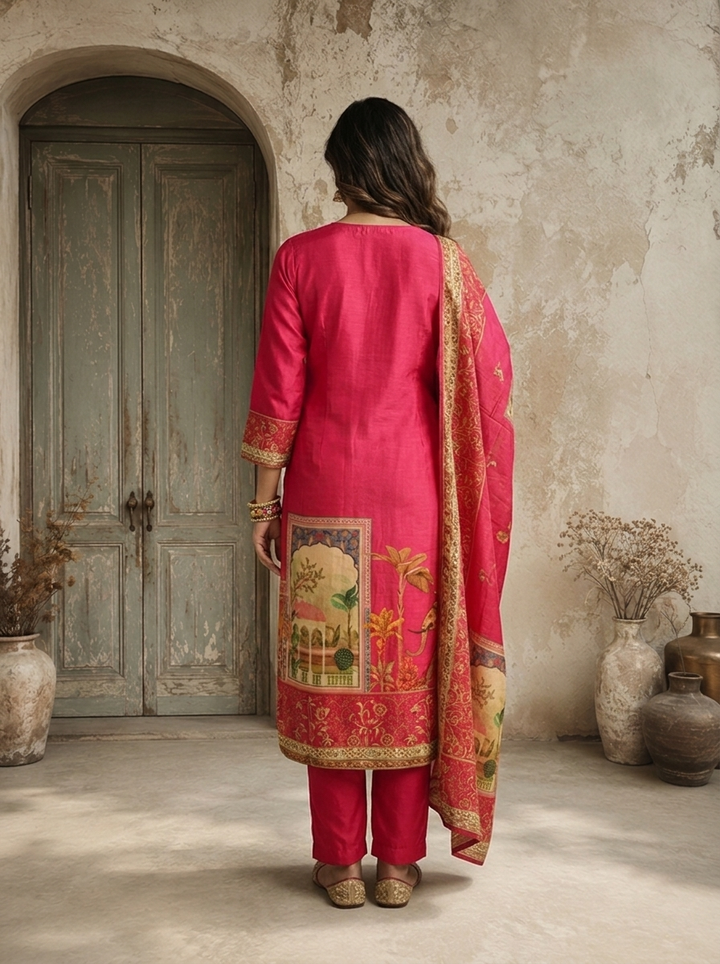 Magenta Silk Mughal Pichwai Printed Three Piece Set