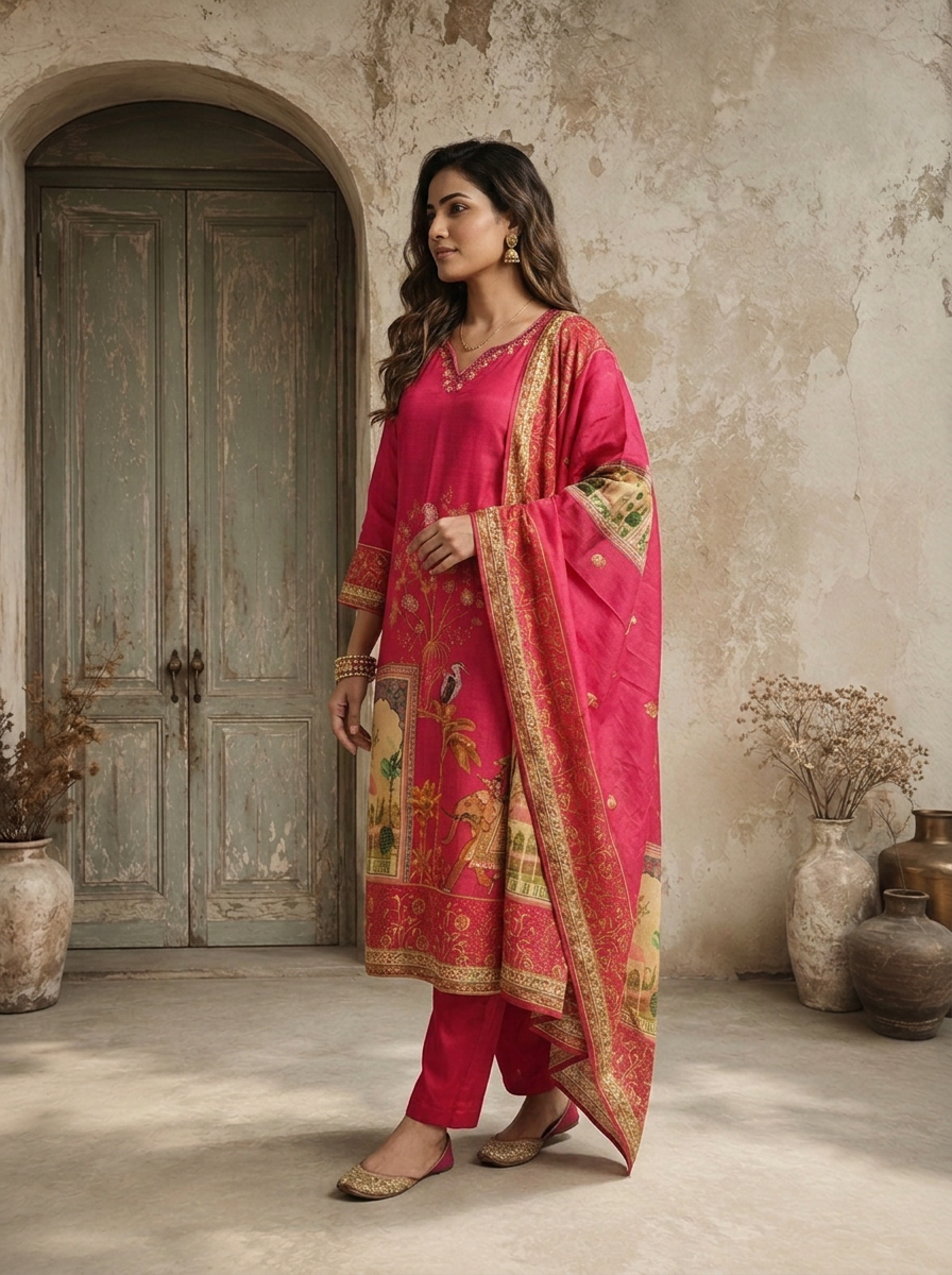 Magenta Silk Mughal Pichwai Printed Three Piece Set