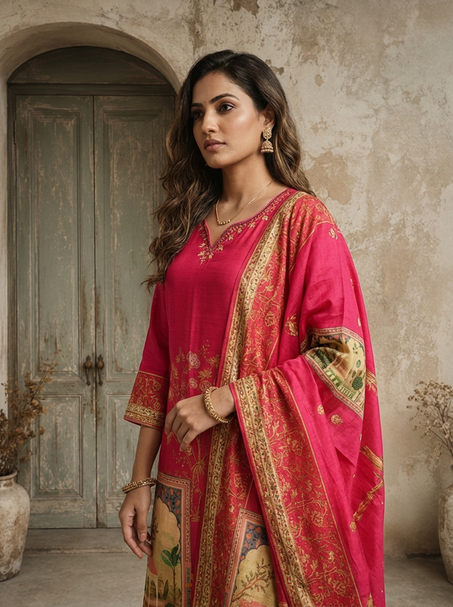 Magenta Silk Mughal Pichwai Printed Three Piece Set