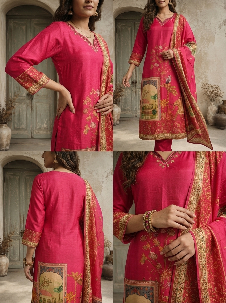 Magenta Silk Mughal Pichwai Printed Three Piece Set
