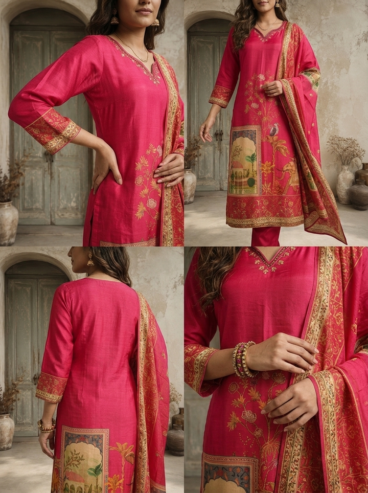 Magenta Silk Mughal Pichwai Printed Three Piece Set