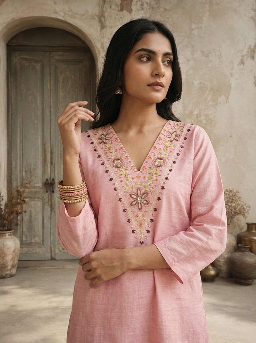 Rose Pink Chanderi Floral Embroidered Three Piece Set