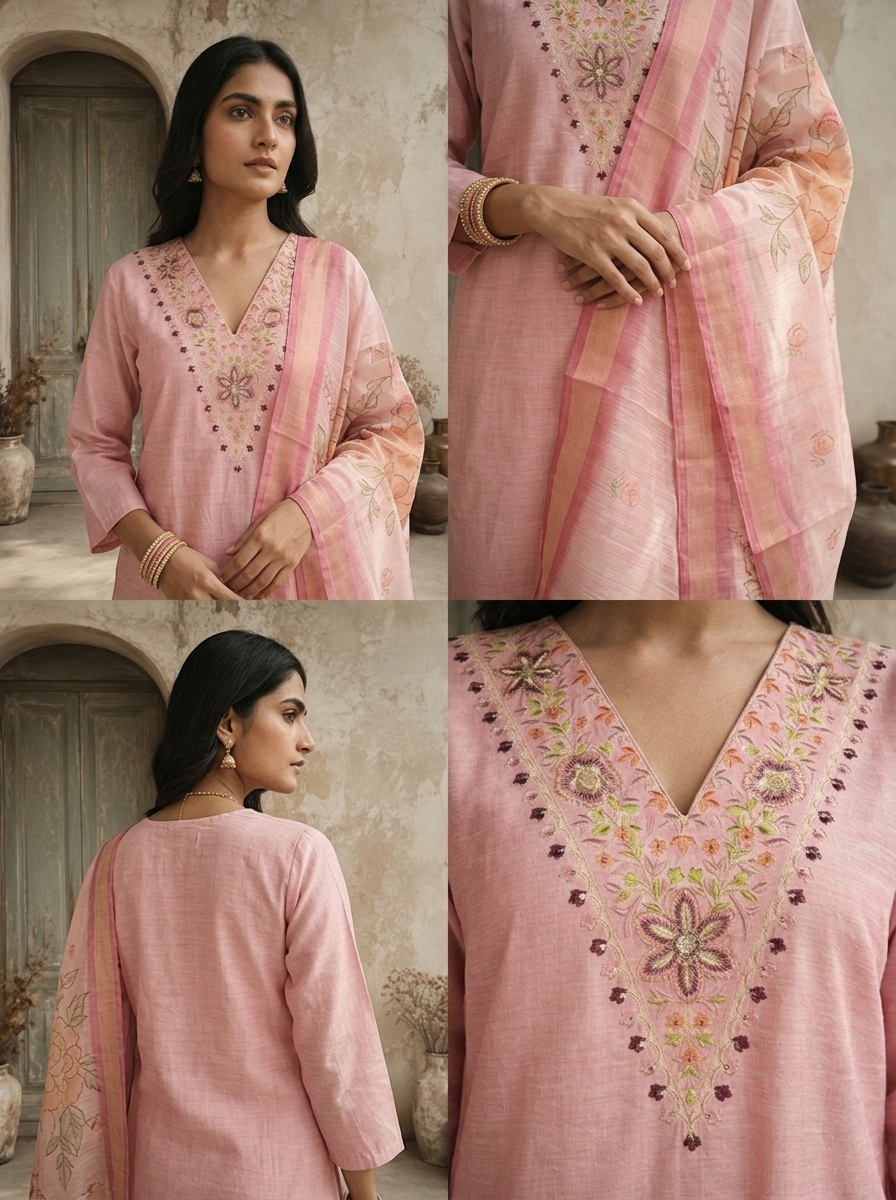 Rose Pink Chanderi Floral Embroidered Three Piece Set