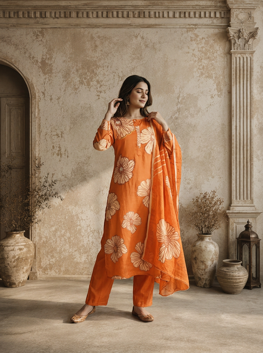 Burnt Orange Satin Abstract Floral Printed Three Piece Set