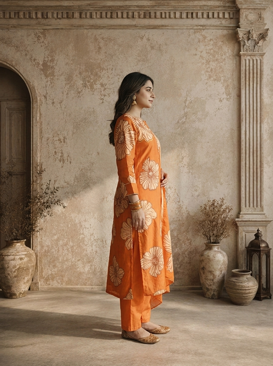 Burnt Orange Satin Abstract Floral Printed Three Piece Set
