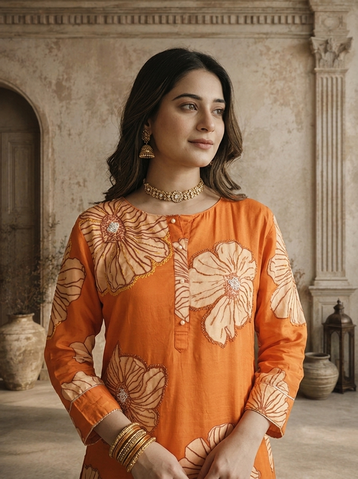 Burnt Orange Satin Abstract Floral Printed Three Piece Set