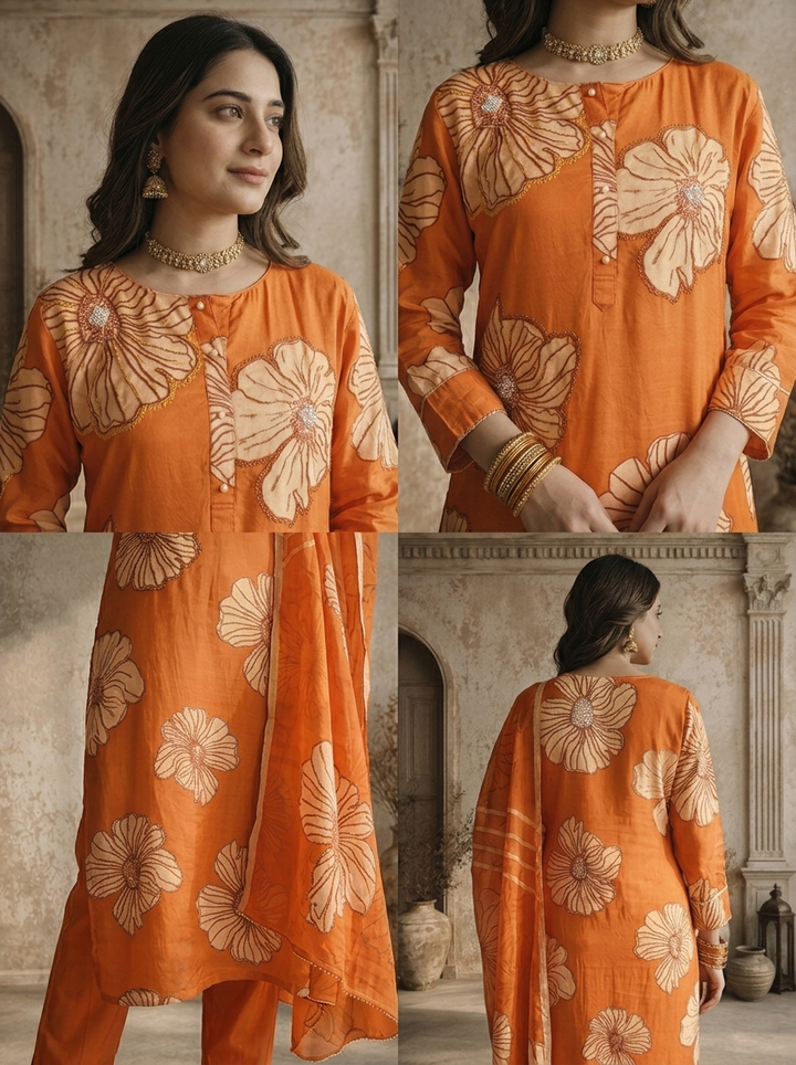 Burnt Orange Satin Abstract Floral Printed Three Piece Set