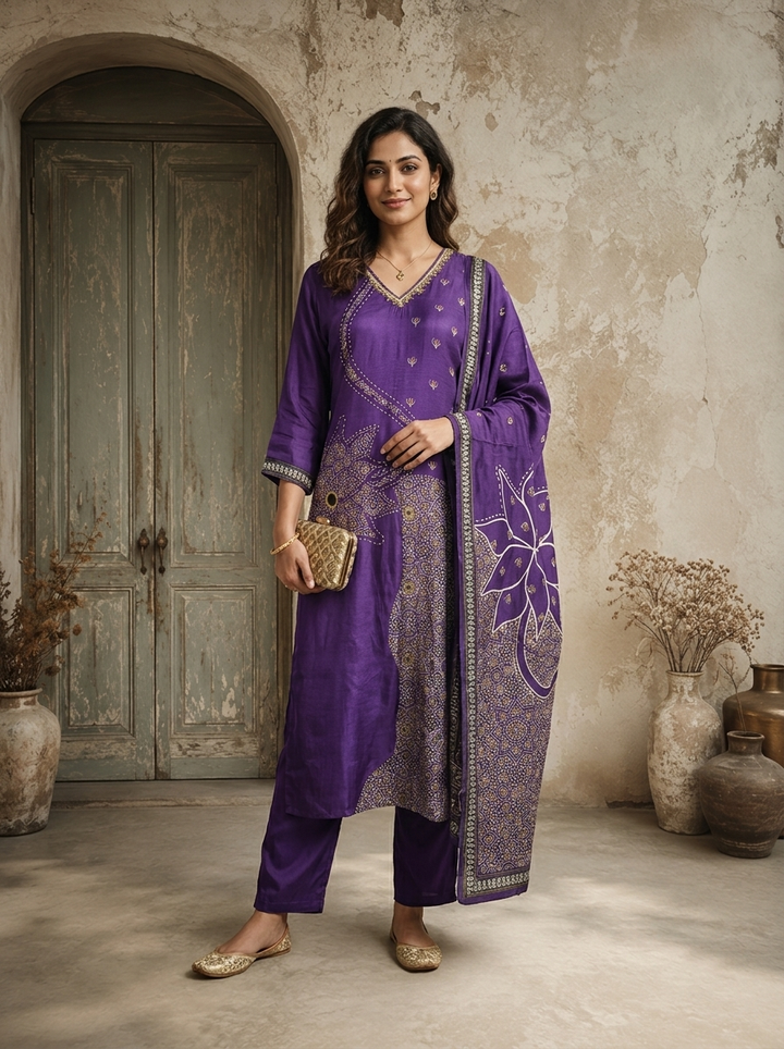 Purple Silk Ajrakh Patch Applique Printed Three Piece Set