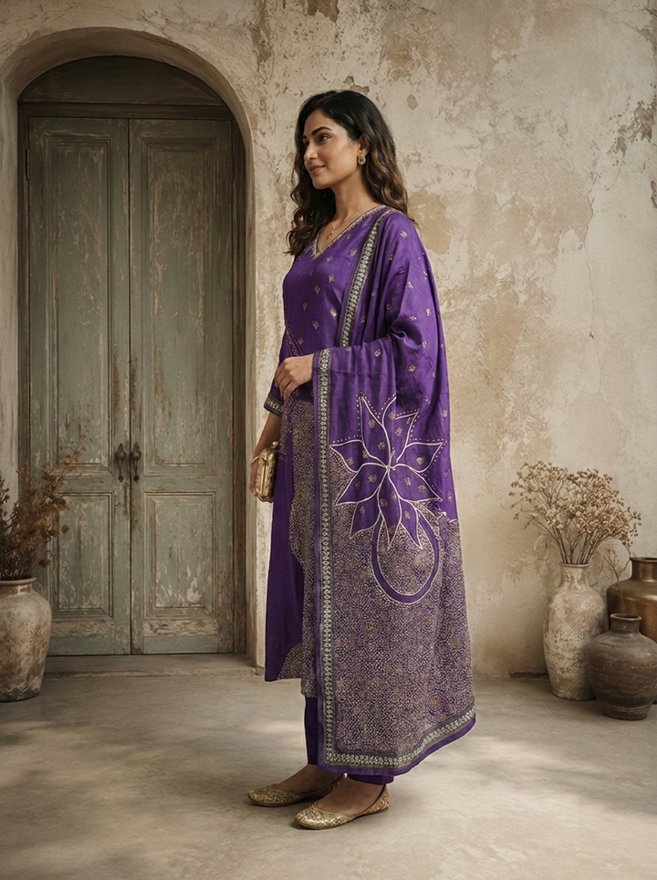 Purple Silk Ajrakh Patch Applique Printed Three Piece Set