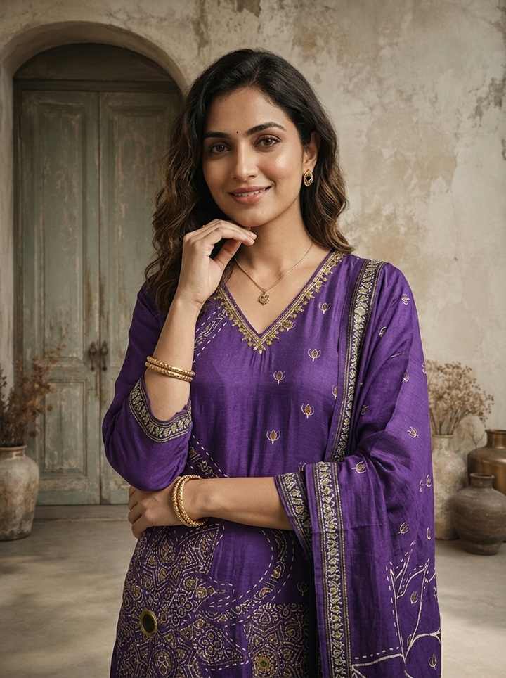 Purple Silk Ajrakh Patch Applique Printed Three Piece Set