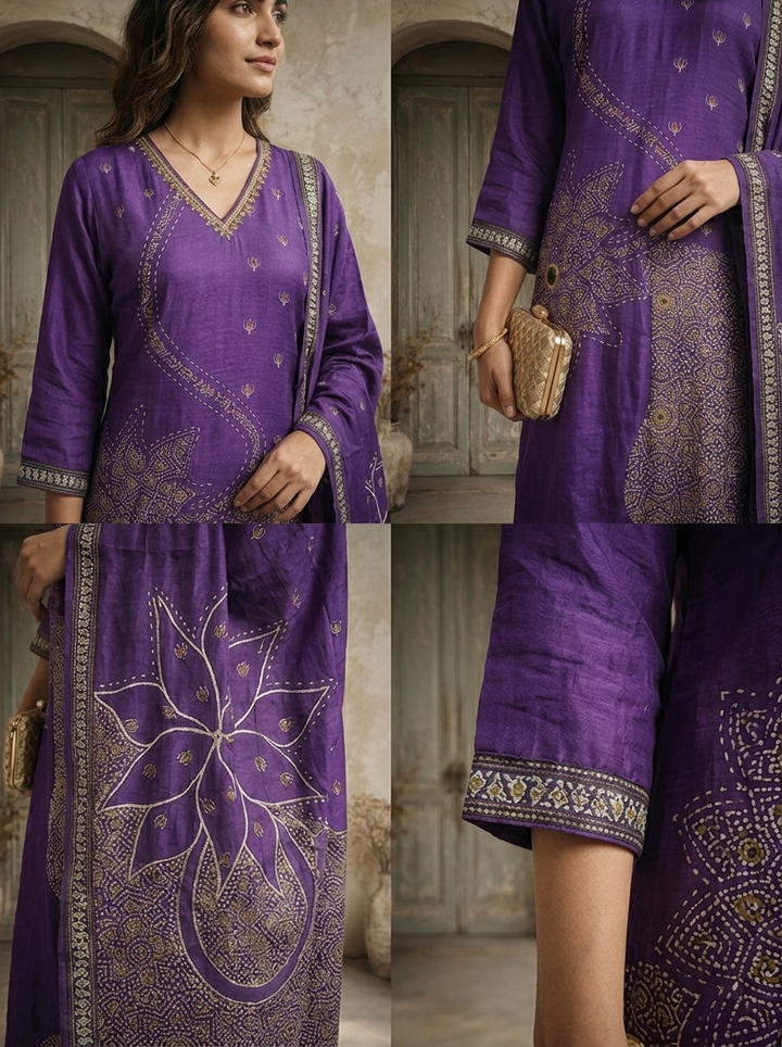 Purple Silk Ajrakh Patch Applique Printed Three Piece Set