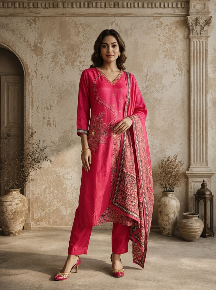 Magenta Silk Ajrakh Patch Applique Printed Three Piece Set