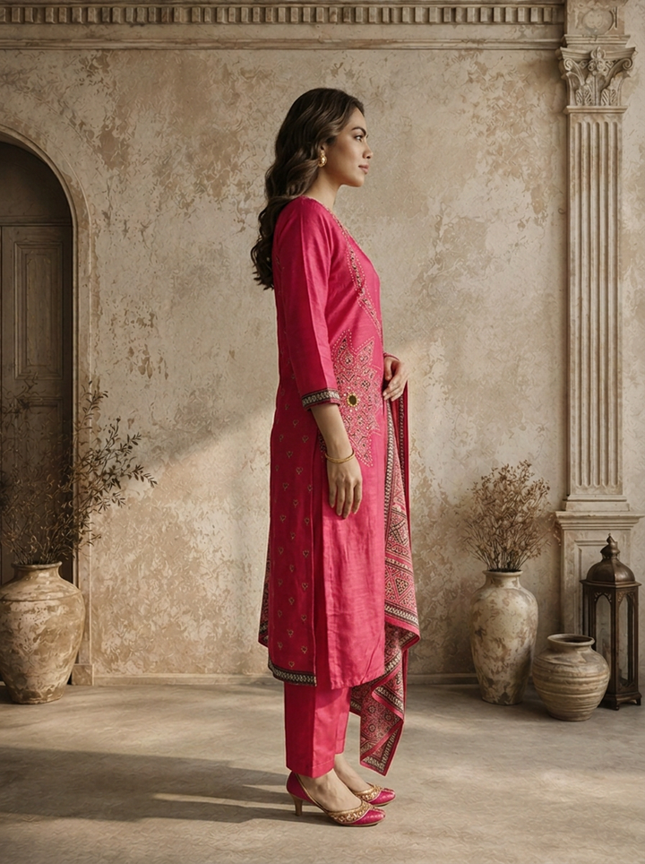 Magenta Silk Ajrakh Patch Applique Printed Three Piece Set