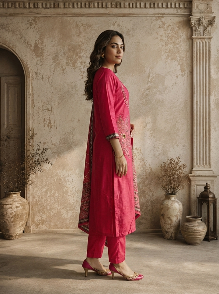 Magenta Silk Ajrakh Patch Applique Printed Three Piece Set