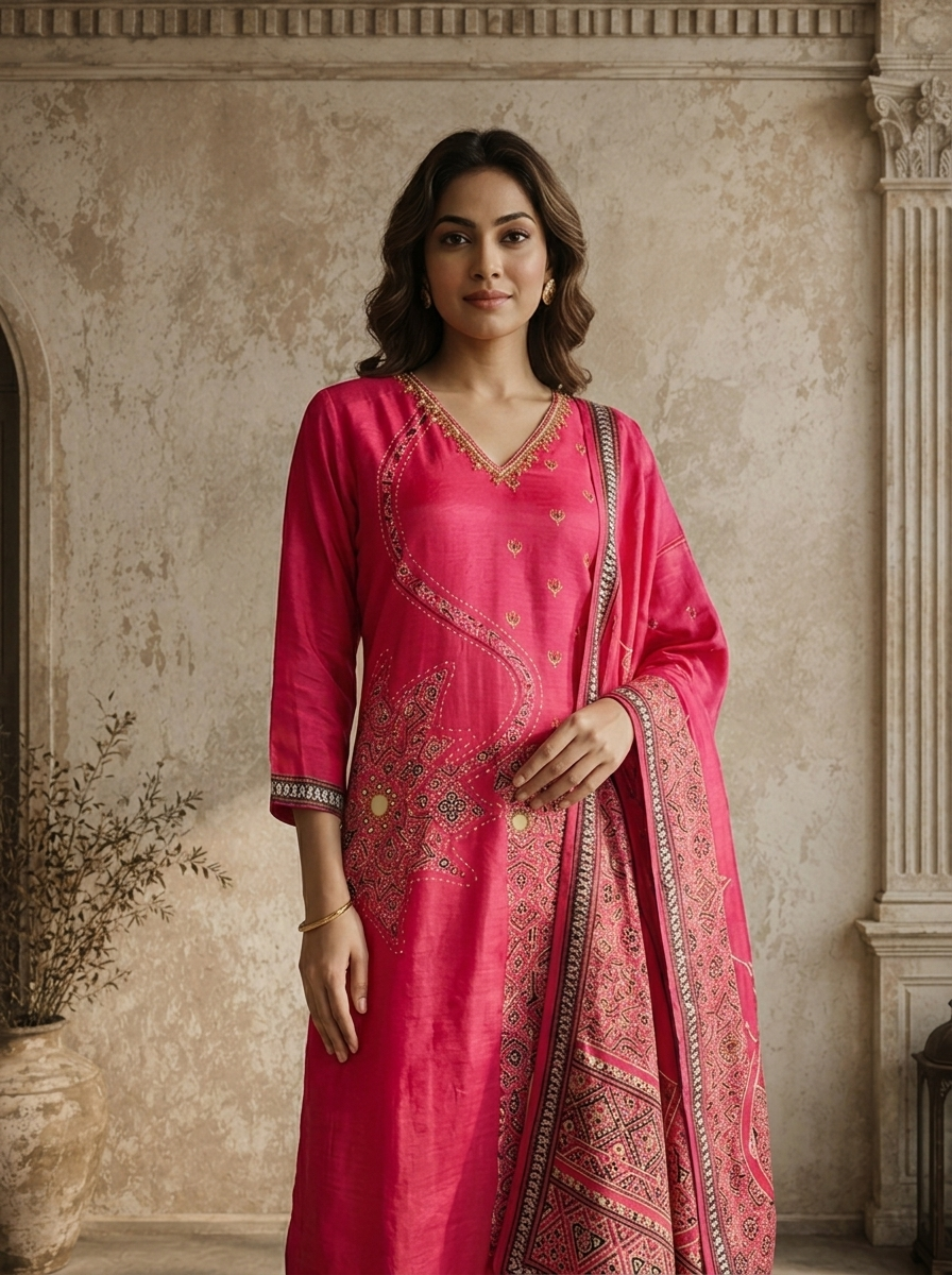 Magenta Silk Ajrakh Patch Applique Printed Three Piece Set