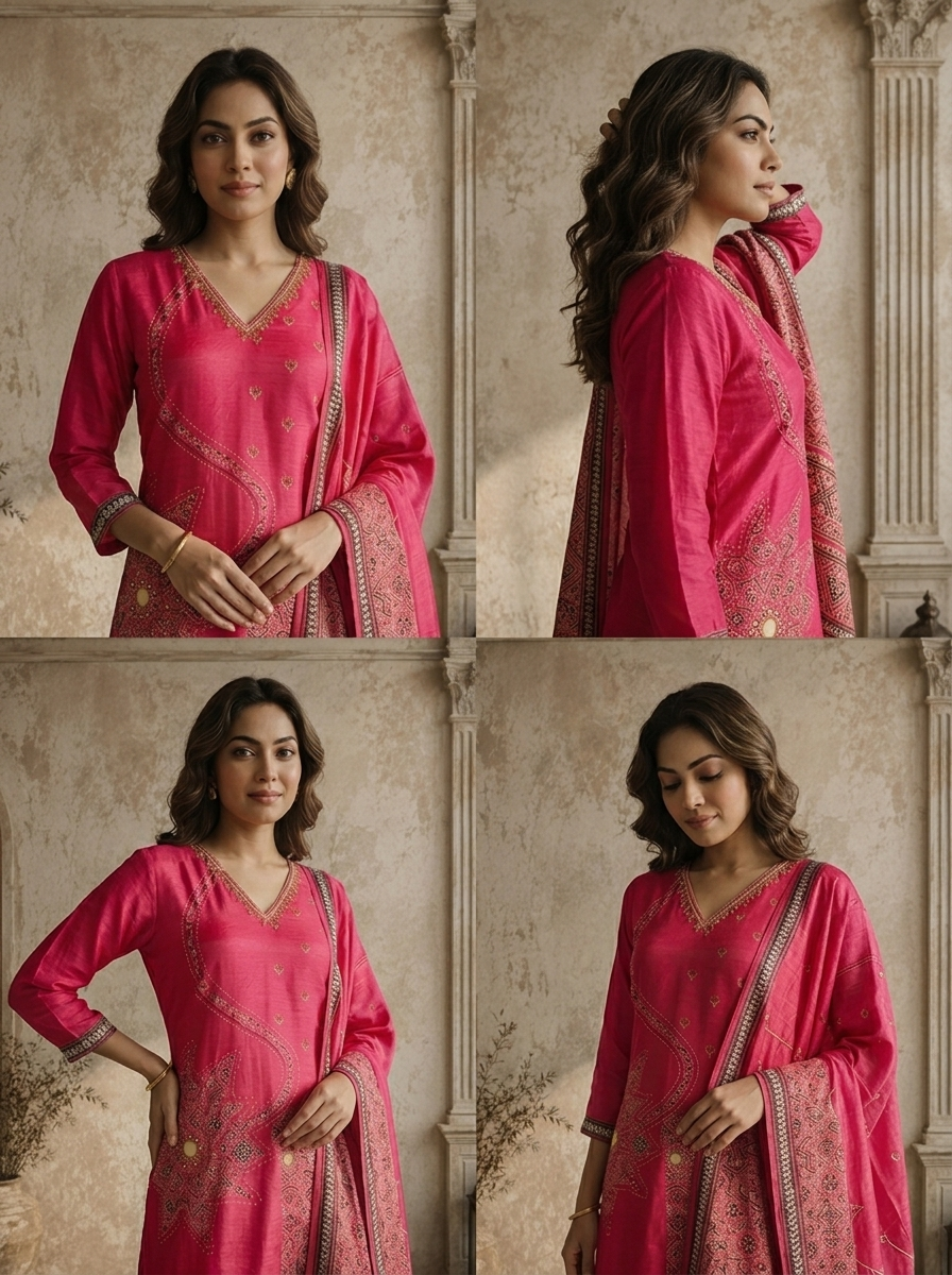 Magenta Silk Ajrakh Patch Applique Printed Three Piece Set