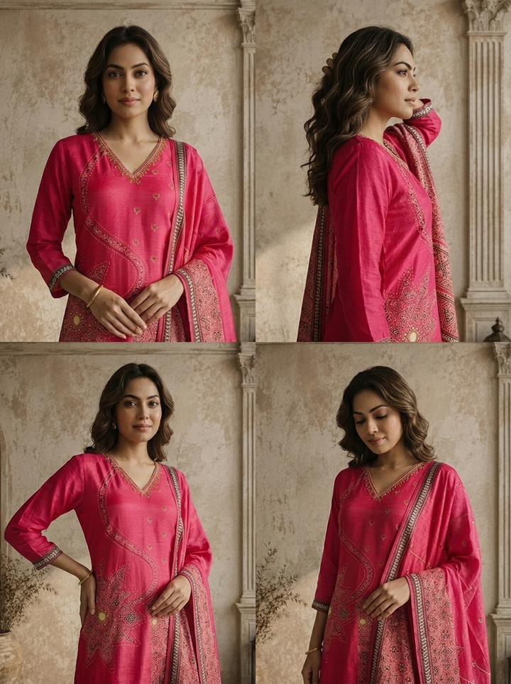 Magenta Silk Ajrakh Patch Applique Printed Three Piece Set