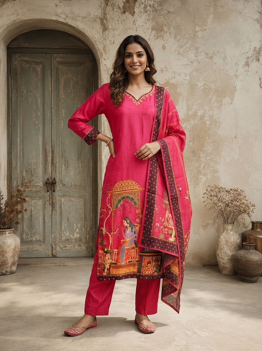 Magenta Silk Mughal Darbar Pichwai Printed Three Piece Set