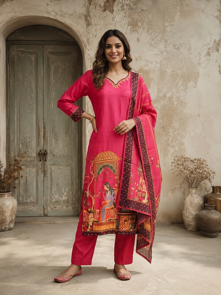 Magenta Silk Mughal Darbar Pichwai Printed Three Piece Set