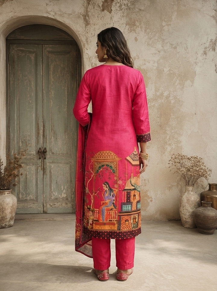 Magenta Silk Mughal Darbar Pichwai Printed Three Piece Set