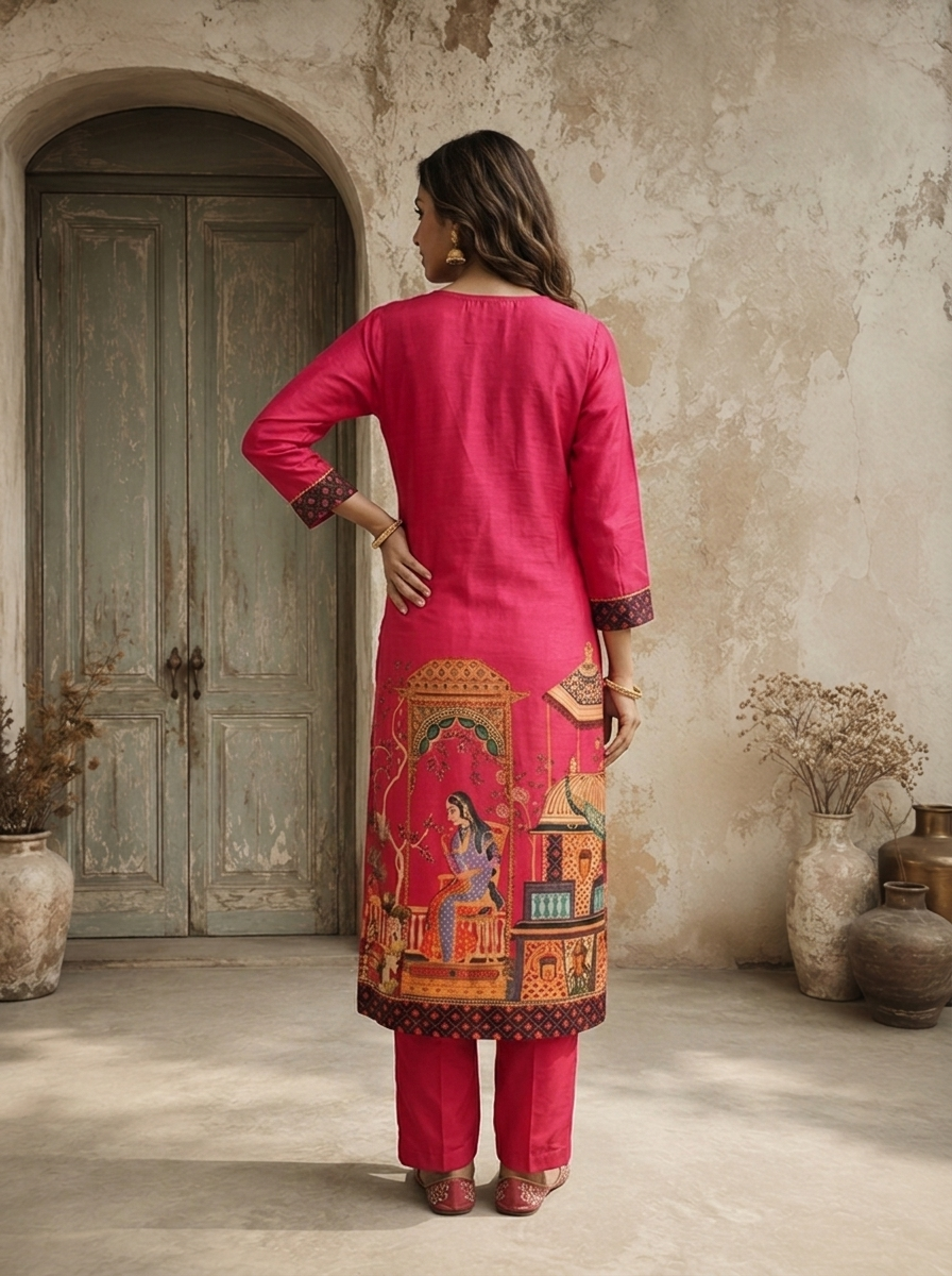 Magenta Silk Mughal Darbar Pichwai Printed Three Piece Set