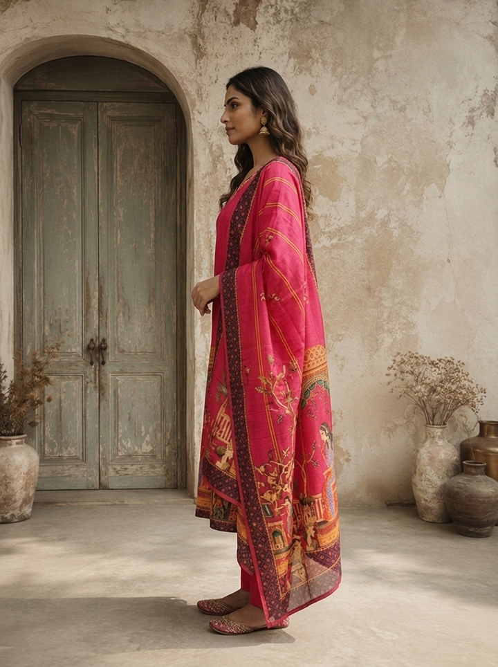 Magenta Silk Mughal Darbar Pichwai Printed Three Piece Set