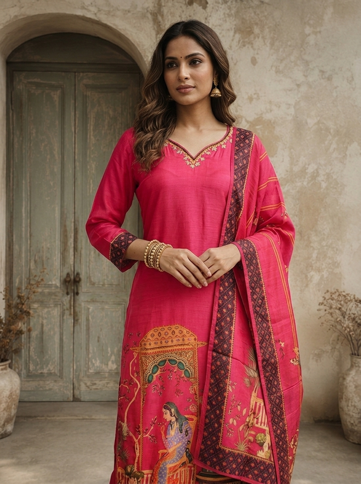Magenta Silk Mughal Darbar Pichwai Printed Three Piece Set