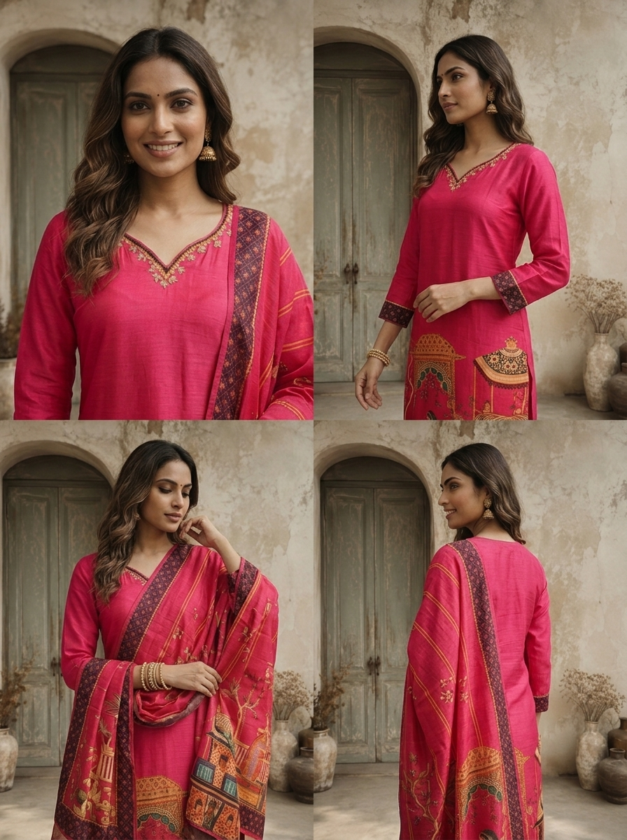 Magenta Silk Mughal Darbar Pichwai Printed Three Piece Set