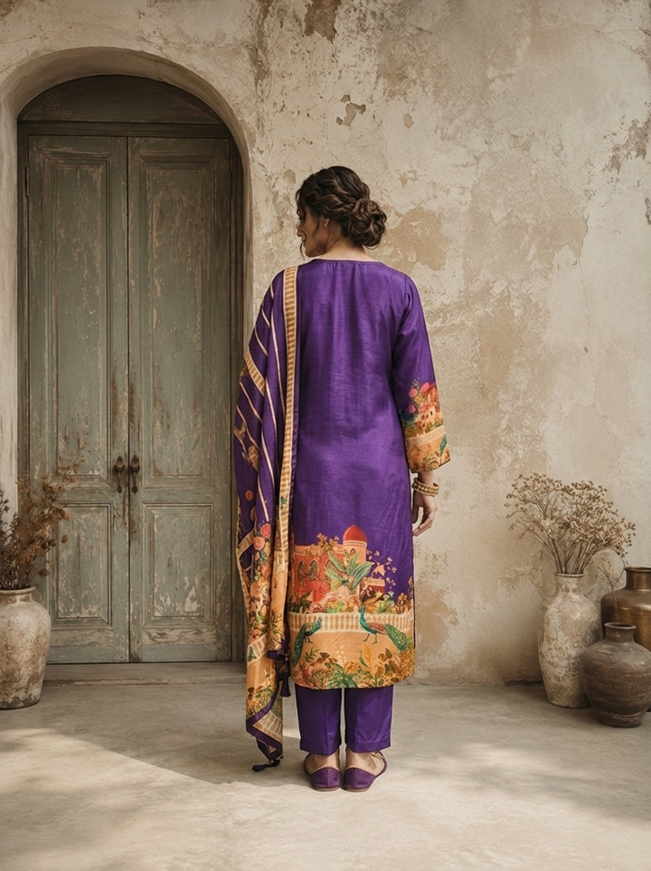 Purple Silk Mughal Darbar Pichwai Printed Three Piece Set