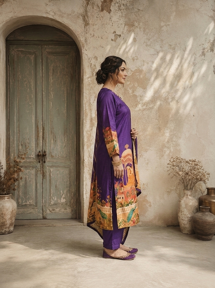 Purple Silk Mughal Darbar Pichwai Printed Three Piece Set