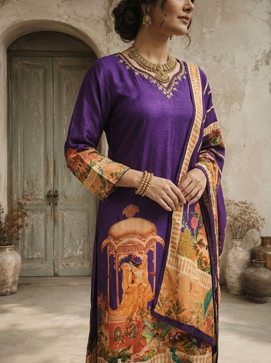 Purple Silk Mughal Darbar Pichwai Printed Three Piece Set