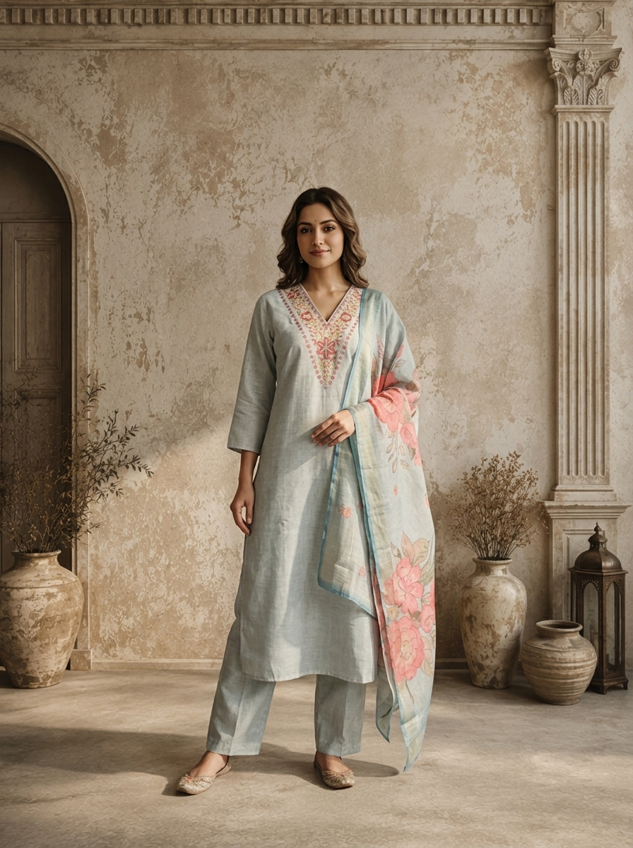 Aqua Chanderi Floral Embroidered Three Piece Set