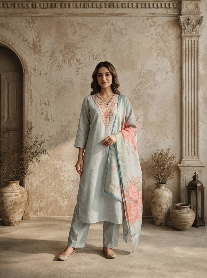 Aqua Chanderi Floral Embroidered Three Piece Set