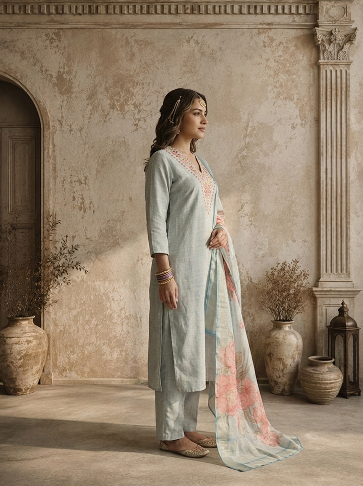 Aqua Chanderi Floral Embroidered Three Piece Set