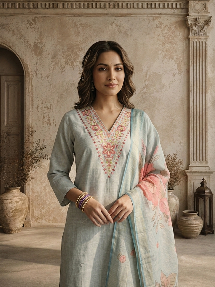 Aqua Chanderi Floral Embroidered Three Piece Set