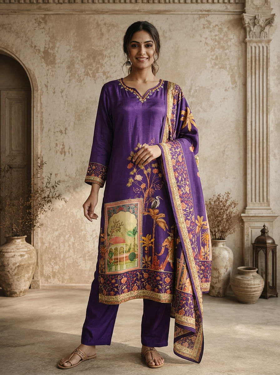 Purple Silk Mughal Pichwai Printed Three Piece Set