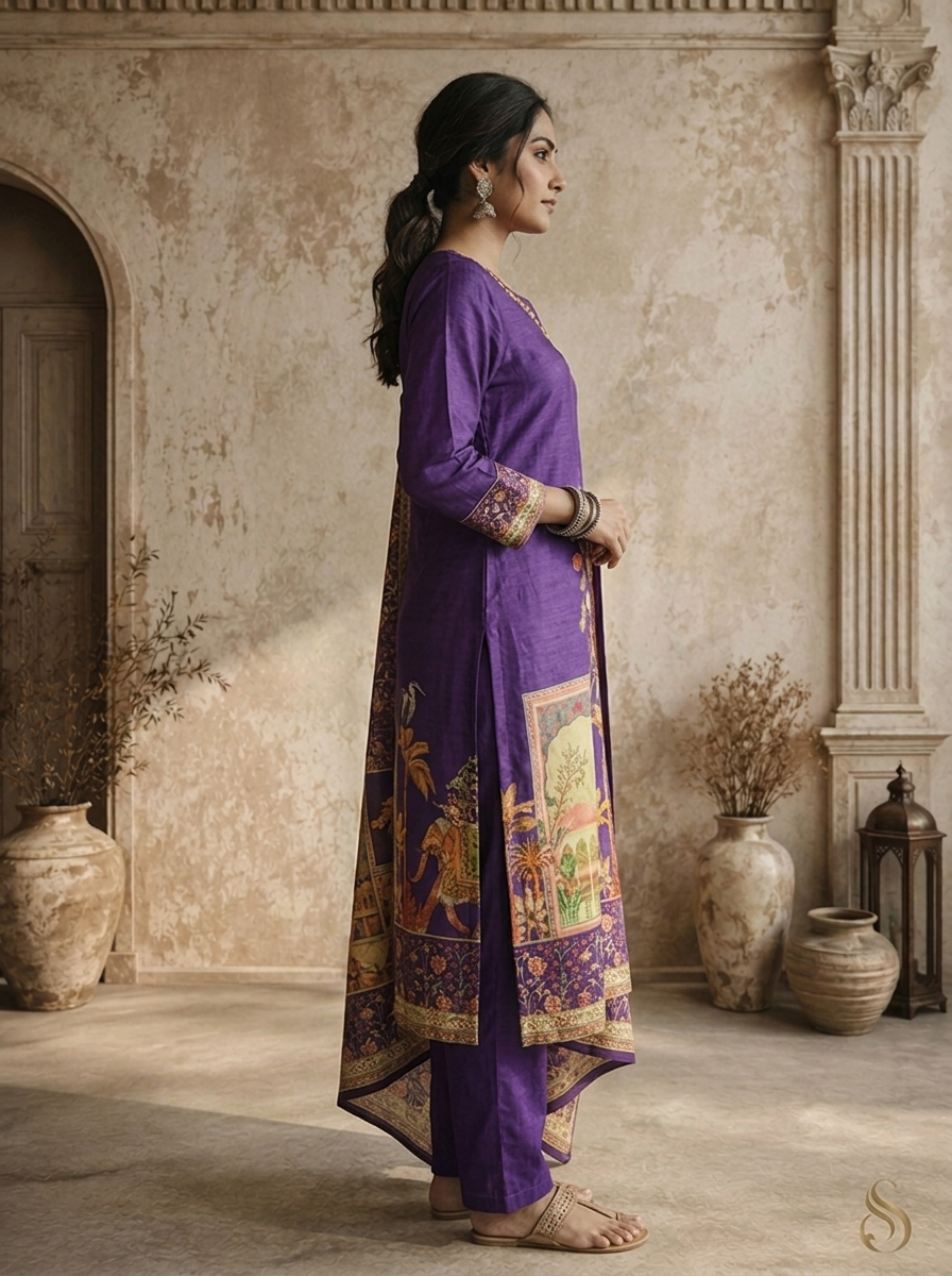 Purple Silk Mughal Pichwai Printed Three Piece Set
