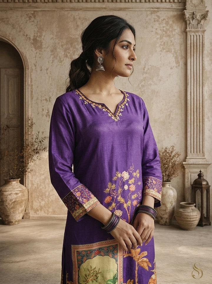 Purple Silk Mughal Pichwai Printed Three Piece Set