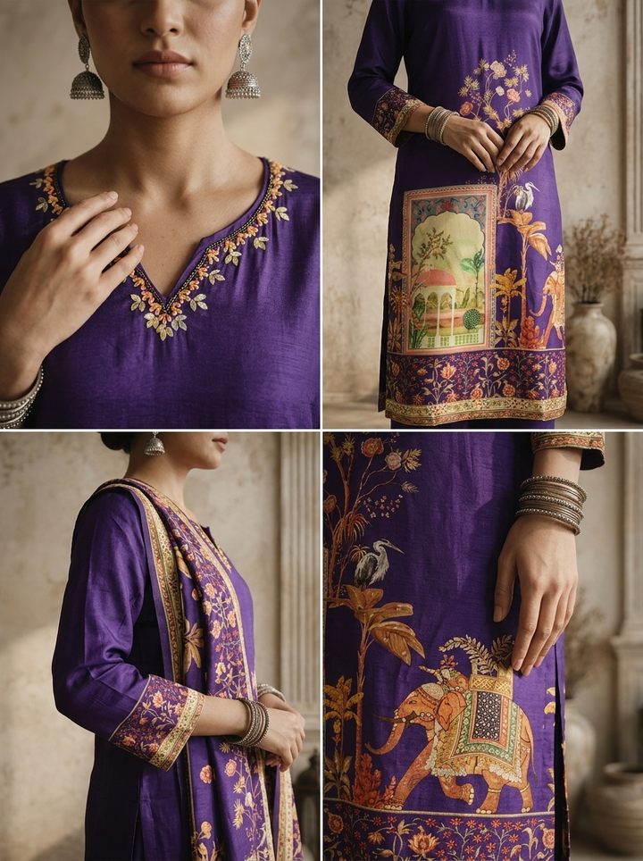 Purple Silk Mughal Pichwai Printed Three Piece Set